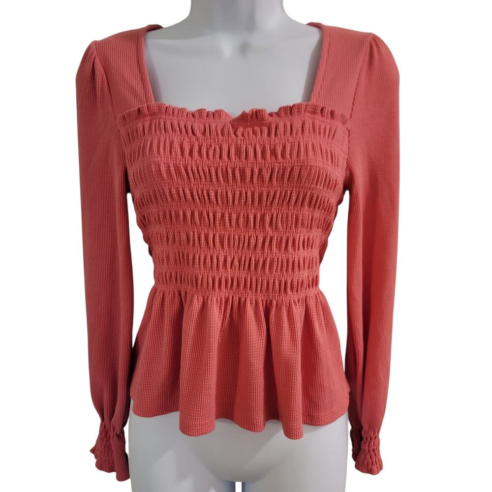 Altar'd State Smocked Peplum Top Women's Small Coral Long Sleeve Waffle Boho